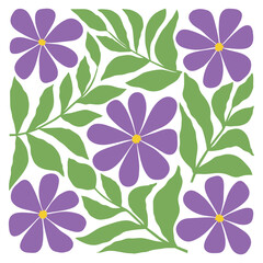 Square flowers poster in minimalist style. Modern botanical print with hand drawn purple flowers and leaves. Isolated vector illustration