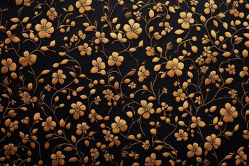 A rich, dark background adorned with intricate floral patterns in gold, creating an elegant and sophisticated design.