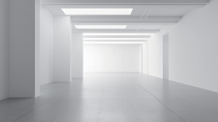 Fototapeta premium Minimalistic room space in fill - directional light with empty white wall with windows. A view of a white painted interior of an empty room or an art gallery with skylight lighting and concrete floors