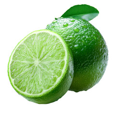 lime fruit - juicy green citrus slice and whole lime with leaf