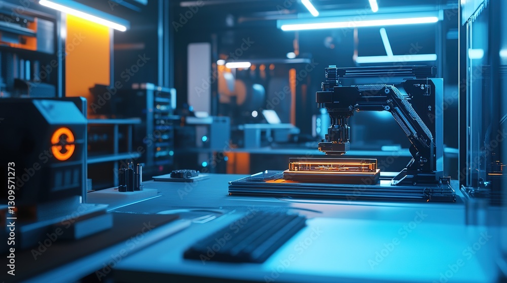 Aufkleber a futuristic workshop where ai manages robotic 3d printers in real time.