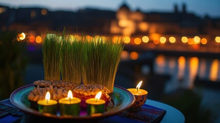 Novruz tray with semeni, pakhlava, shekerbura, and candles, celebrating spring in Baku with the Old City in the background.