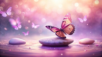 Fototapeta premium Serene Zen stone surrounded by delicate butterfly wings in shades of pink and purple , tranquility, nature, tranquility
