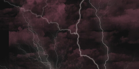 Fork lightning striking down during summer storm. Lightning, thunder cloud dark cloudy sky. 
