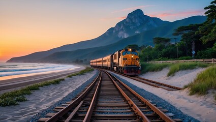 A vibrant sunset illuminates the scene as a colorful train travels along coastal railway tracks, with mountains in the background and waves gently