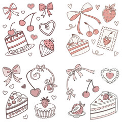 Set of hand-drawn coquette elements for Valentine's Day, wedding invitation, and birthday card vector illustration. Cute girly bows, hearts, ribbons, cherry, cake, heart frame, strawberry.