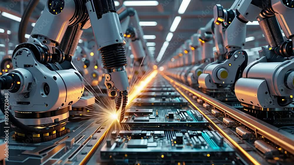 Poster automated robotic arms assembling circuit boards on high-tech production line in advanced industrial