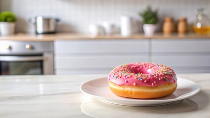 Sweet, fluffy pink donut with sprinkles on a white plate in a modern kitchen, treats, sugary delight