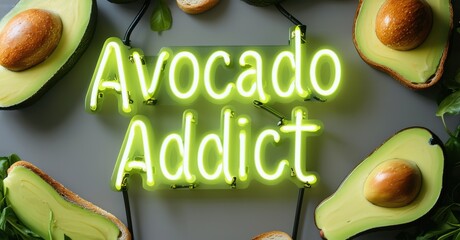 Neon sign avocado addict lime soft white floating modern vegan caf surrounded halves toast patterns
