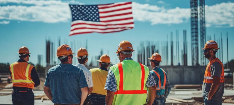 Construction workers collaborating on a project with american flag in the background showcasing teamwork and dedication
