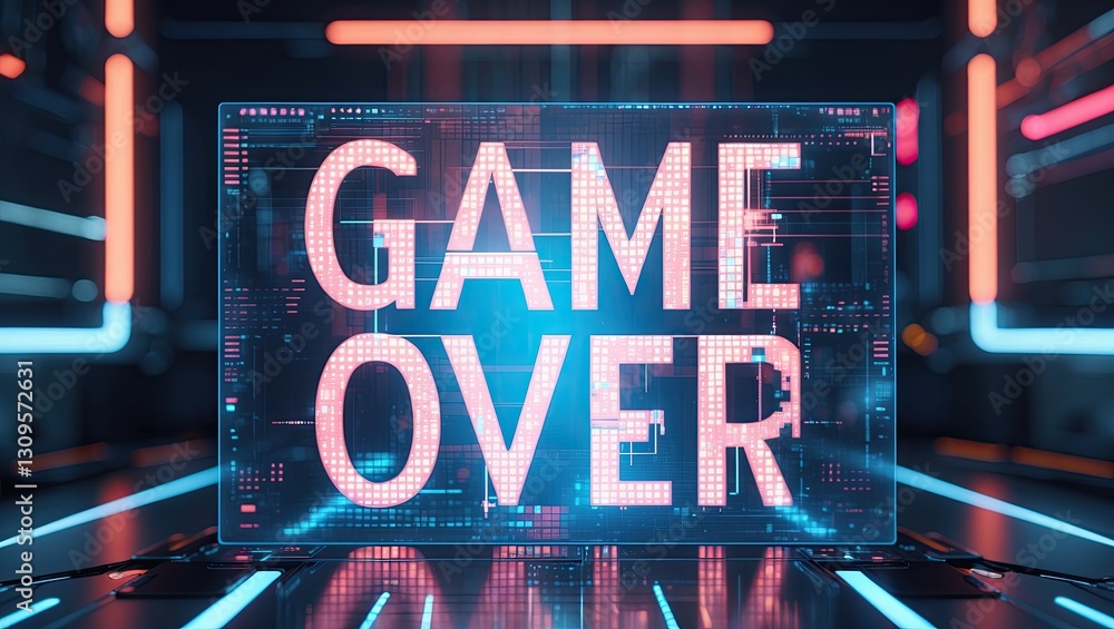 Poster digital display with a glowing 'game over' message, set against a futuristic, tech-inspired backgrou