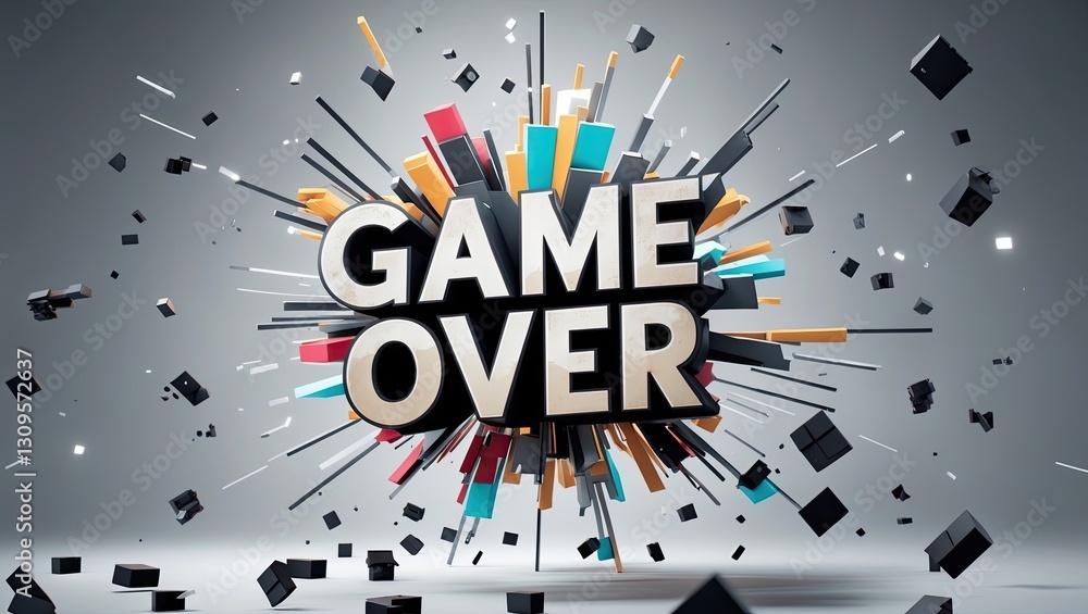 Poster explosive digital design featuring the phrase 'game over' surrounded by fragments and abstract shape