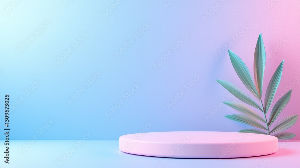 Poster a minimalistic scene featuring a round platform against a soft gradient background with a green plan