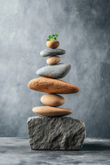 Balanced stones with small plant on top, symbolizing harmony and nature
