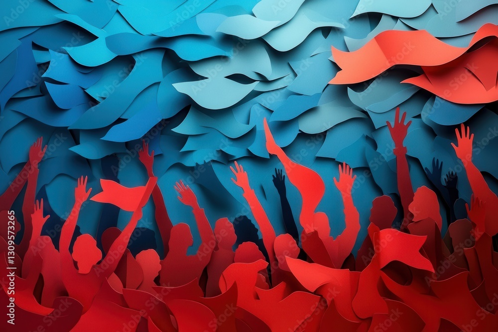 Poster powerful paper art depicting a united crowd with raised hands and flags in an inspiring celebration 