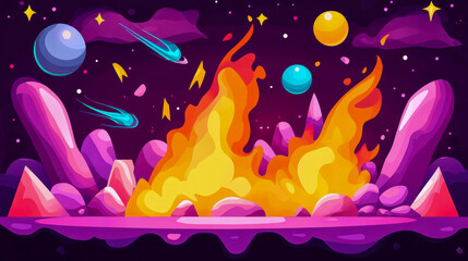 Fantasy Landscape with Planets, Fire, and Crystals: Whimsical Realm for Storytelling