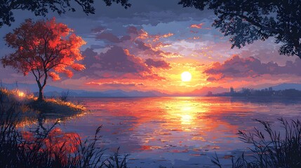 Naklejka premium A beautiful sunset reflecting over a calm and scenic lake