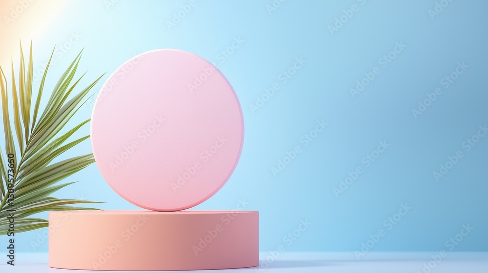 Poster a minimalist display featuring a pink circular object on a soft blue background, complemented by a g