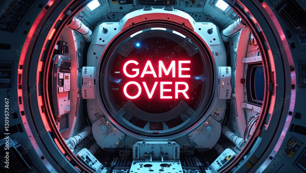 Poster futuristic space pod interior displaying vivid red 'game over' text in a high-tech environment