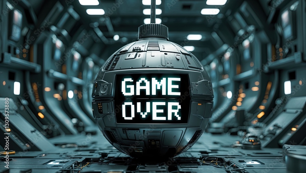 Poster futuristic spherical device with digital display showing 'game over' in a sci-fi environment