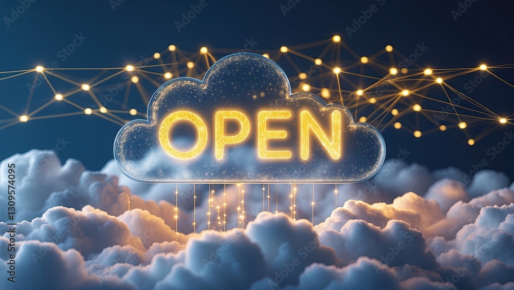 Aufkleber a glowing cloud with the word 'open' illuminated in bright lights amongst fluffy clouds and connecti