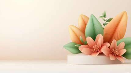 Obraz premium A beautiful arrangement of orange and green flowers on a soft background, showcasing a charming and serene floral design.