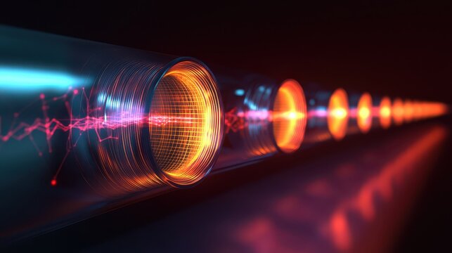 Futuristic quantum spectroscope mapping atomic interactions with glowing particle waves