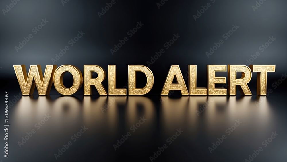 Poster illuminated golden letters spelling 'world alert' on a reflective dark surface with subtle highlight