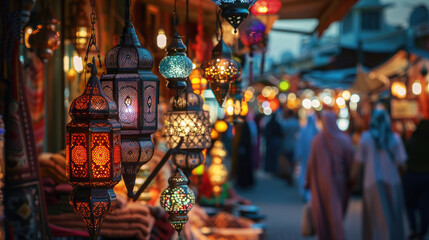 Colorful lanterns illuminate vibrant market scene at dusk