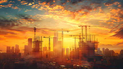 Massive Construction Site at Sunset