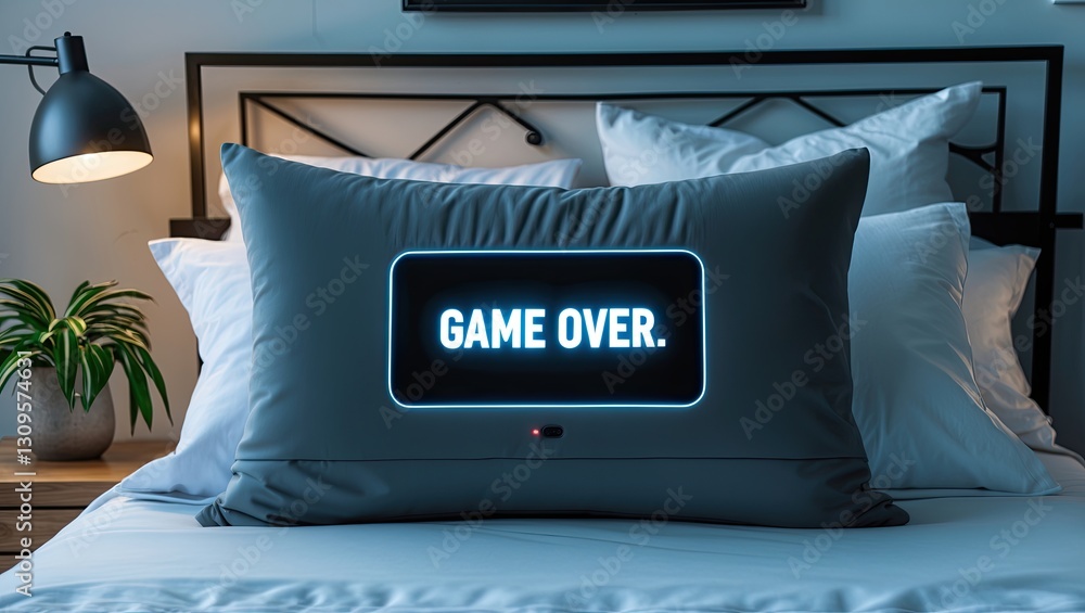 Poster an illuminated pillow displaying the text 'game over' on a neatly made bed with decorative lights in