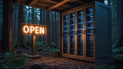 Obraz premium Illuminated 'OPEN' sign beside a modern vending machine in a serene forest setting during twilight, surrounded by tall trees and lush greenery