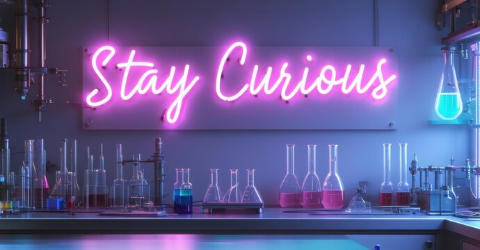 Naklejki Neon sign stay curious violet warm teal mounted laboratory wall softly glowing futuristic research equipment