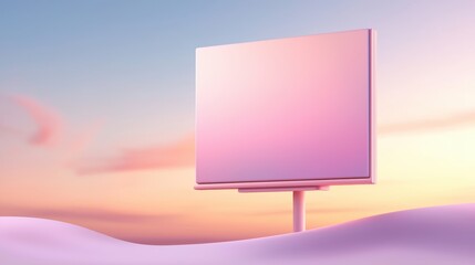 Fototapeta premium A minimalist billboard stands on a soft, pastel landscape under a gradient sky, suggesting tranquility and creativity.
