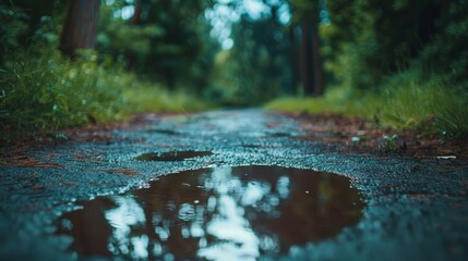 Fototapeta premium A serene puddle after rain, mirroring a magical upside down world full of wonder and charm.