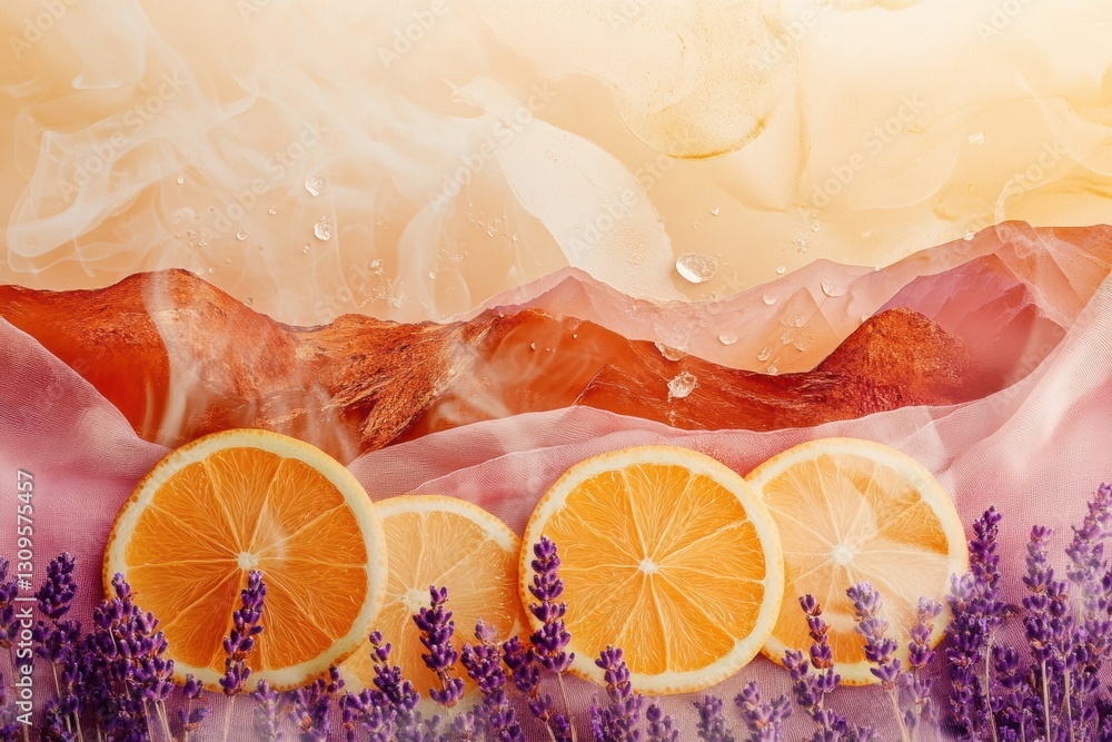Poster Vibrant blend of coffee steam, citrus slices, and lavender fields in a textured, abstract composition Generative AI