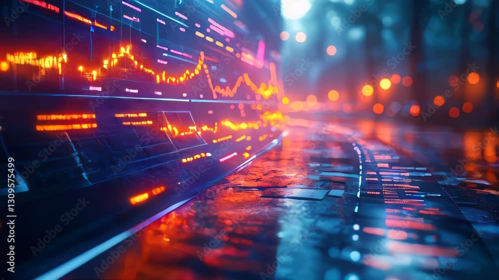 Poster a digital financial data chart with glowing lines representing stock market fluctuations in a futuri