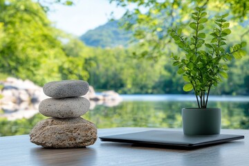 Tranquil Workspace with Rocks and Plant by Scenic Water Background in Busy Office Environment