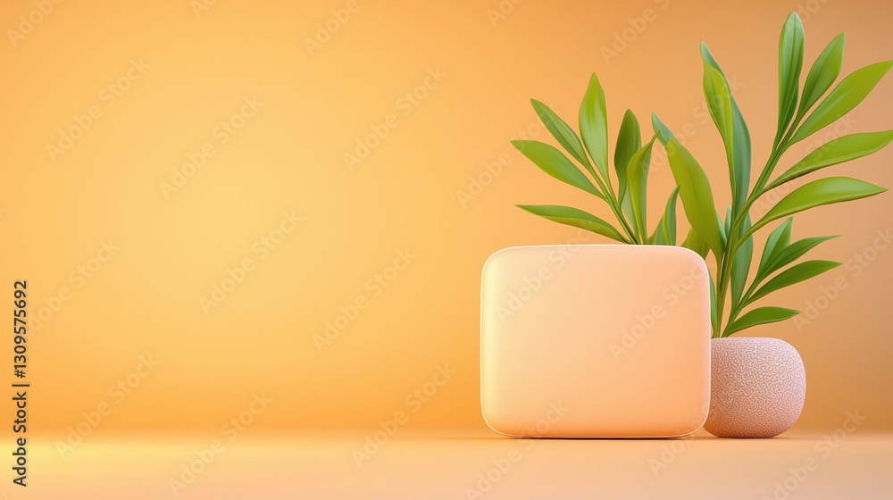Poster a soft orange background features a minimalistic decorative pot with green leaves, creating a serene
