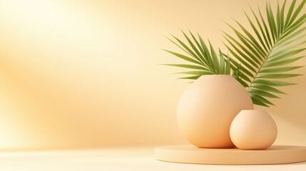 Fototapeta premium A minimalist arrangement featuring two ceramic vases and a green palm leaf on a soft yellow background, creating a serene and stylish ambiance.