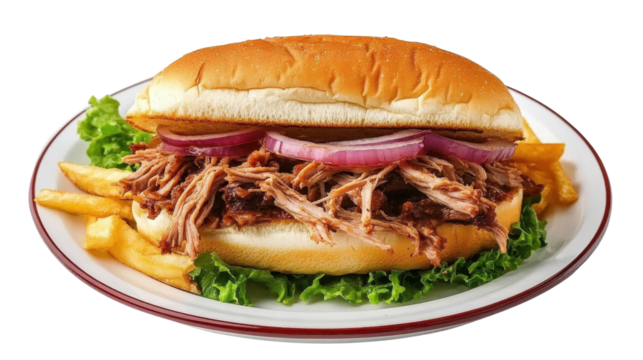 Pulled Pork Sandwich on a plate isolated on transparent png background.