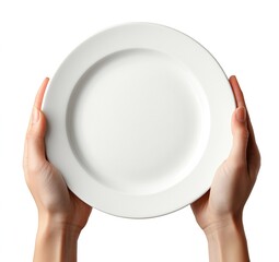 A pair of hands gently holds a pristine white dinner plate against a stark white background. Simple elegance.