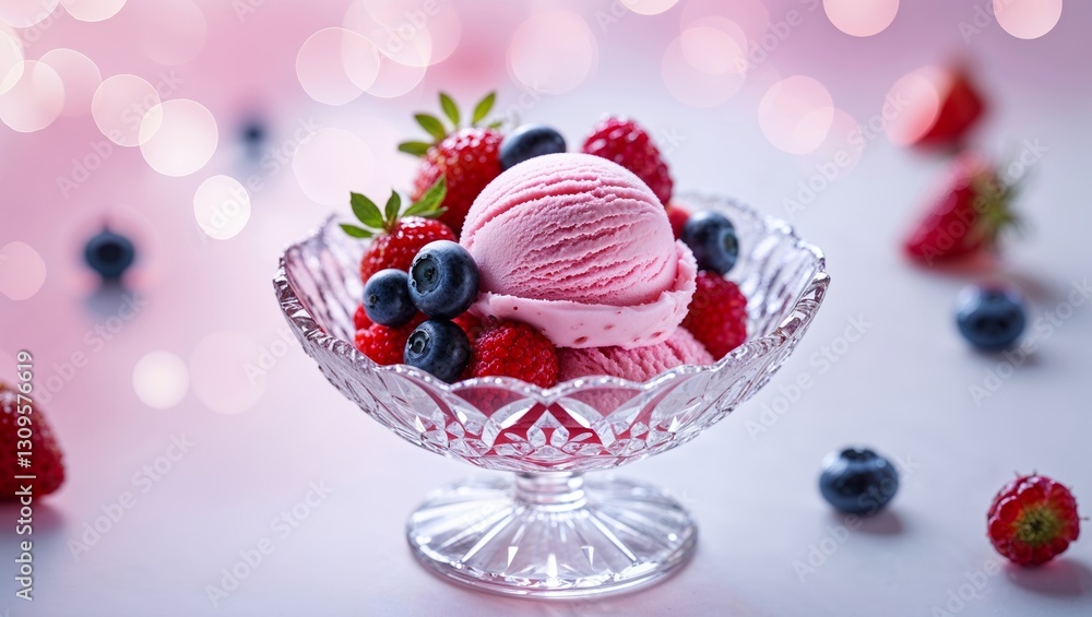 Poster bright and colorful dessert bowl filled with raspberry ice cream and fresh berries in a festive sett