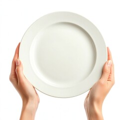 Woman's hands delicately hold a pristine white plate against a bright background.  Simple elegance.