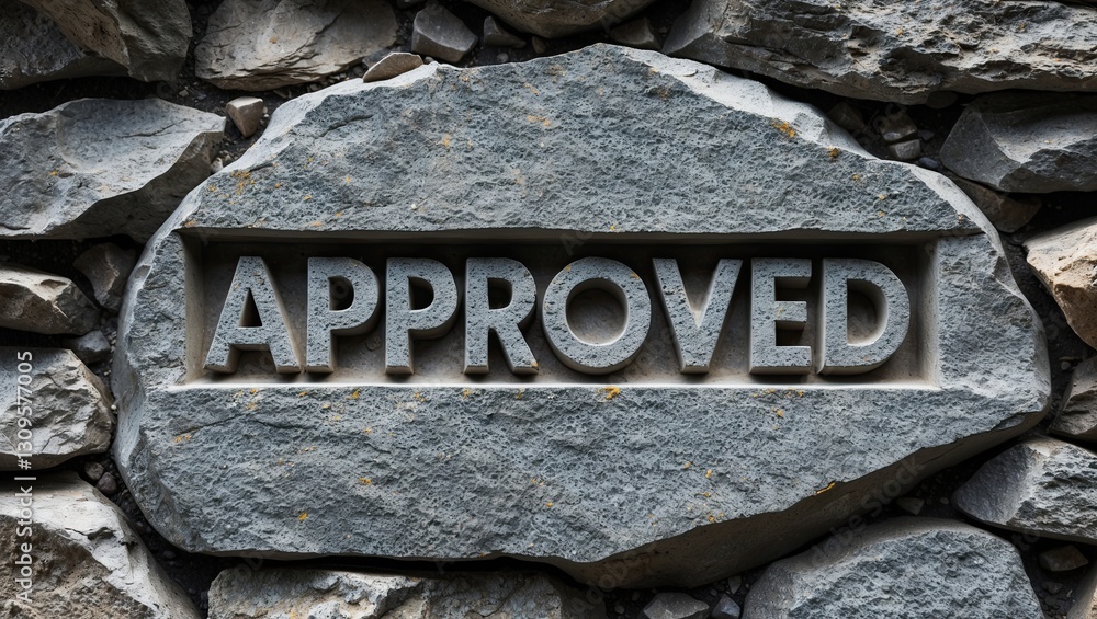 Poster stone wall with a carved, bold message reading 'approved,' creating a textured and rustic appearance
