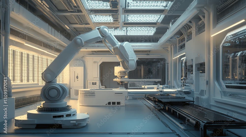 Poster a next-gen industrial space with automated 3d printing and robotic assembly.