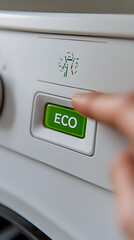 Close-up of a finger about to press the "eco" button on a washing machine control panel
