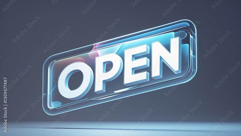 Poster a glowing, three-dimensional 'open' sign in a modern design with a dark gradient background, creatin