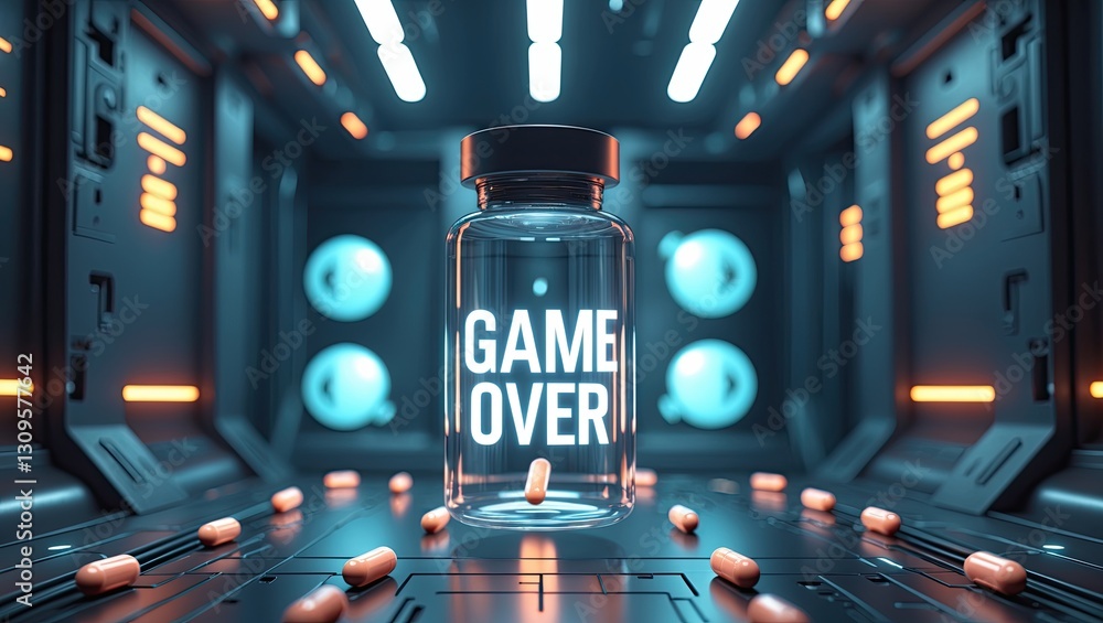 Poster transparent glass vial with the text 'game over' inside, surrounded by scattered capsules in a futur