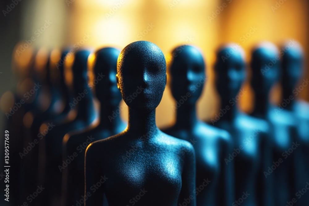 Poster abstract representation of faceless black mannequins in a dimly lit environment with soft bokeh back